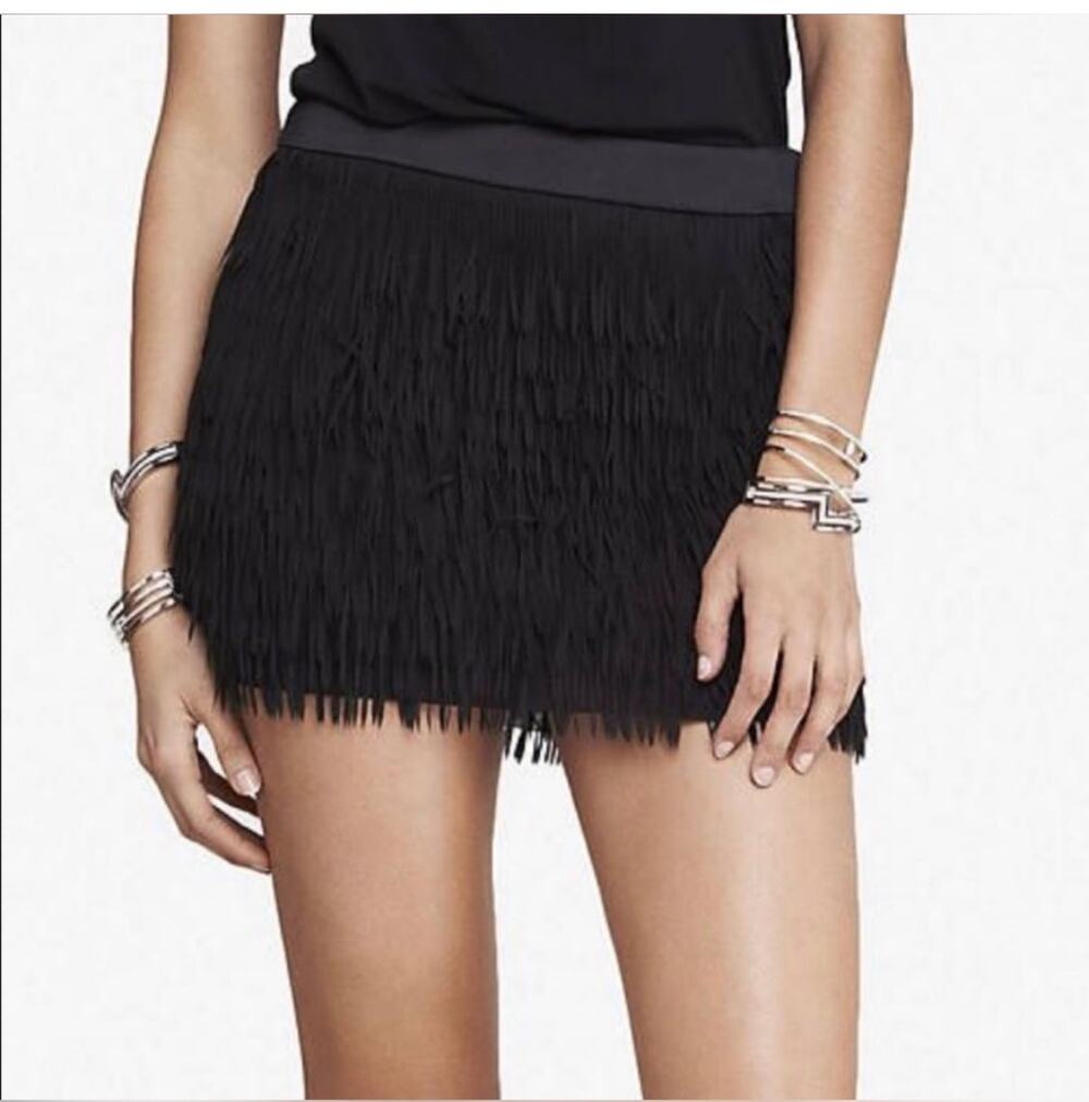 Express black mini skirt fringe holiday womens juniors 0 XS